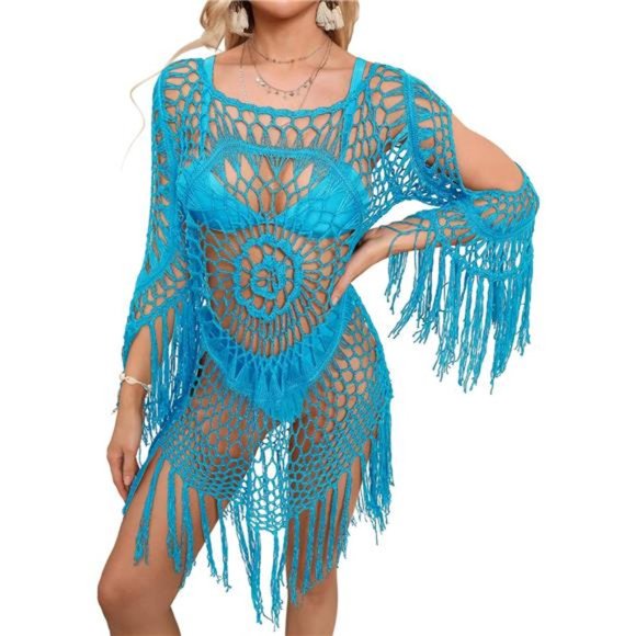 Swimsuits Cover Up for Women Crochet Hollow Out Tassel Bathing Suit Coverups - Picture 3 of 8